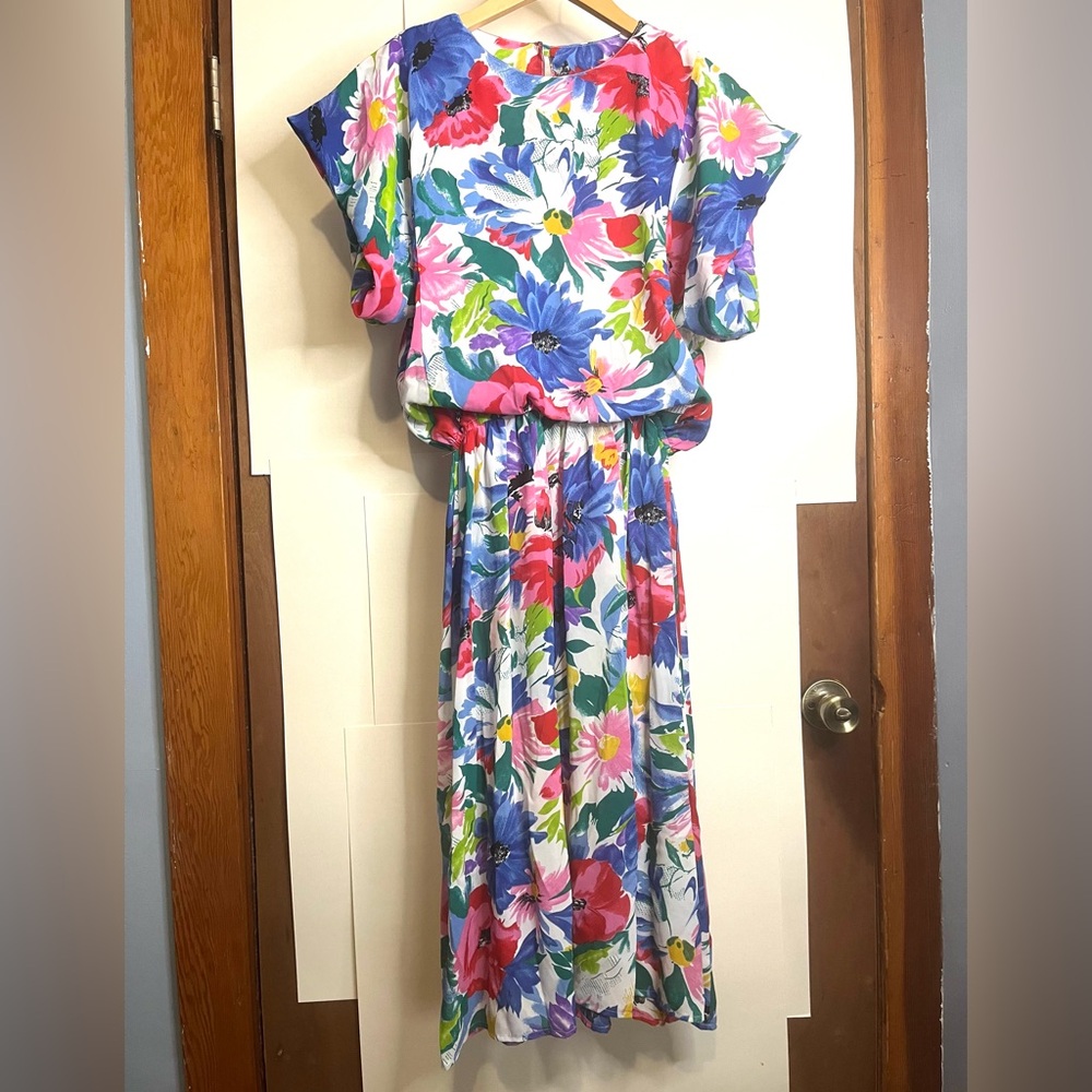 Starlo Fashions (VTG 11/12) Lightweight Floral Belted Midi Blouson Dress USA 80s